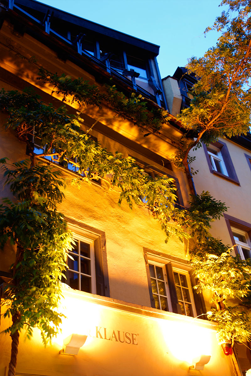 Beleuchtete Fassade mit Kletterpflanzen in Freiburg am Breisgau bei Nacht